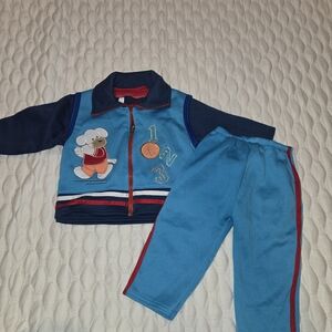 Vintage 3 Piece Baby Boy Sweatsuit Set Blue Navy Doggy Basketball 1 2 3 Size 12m